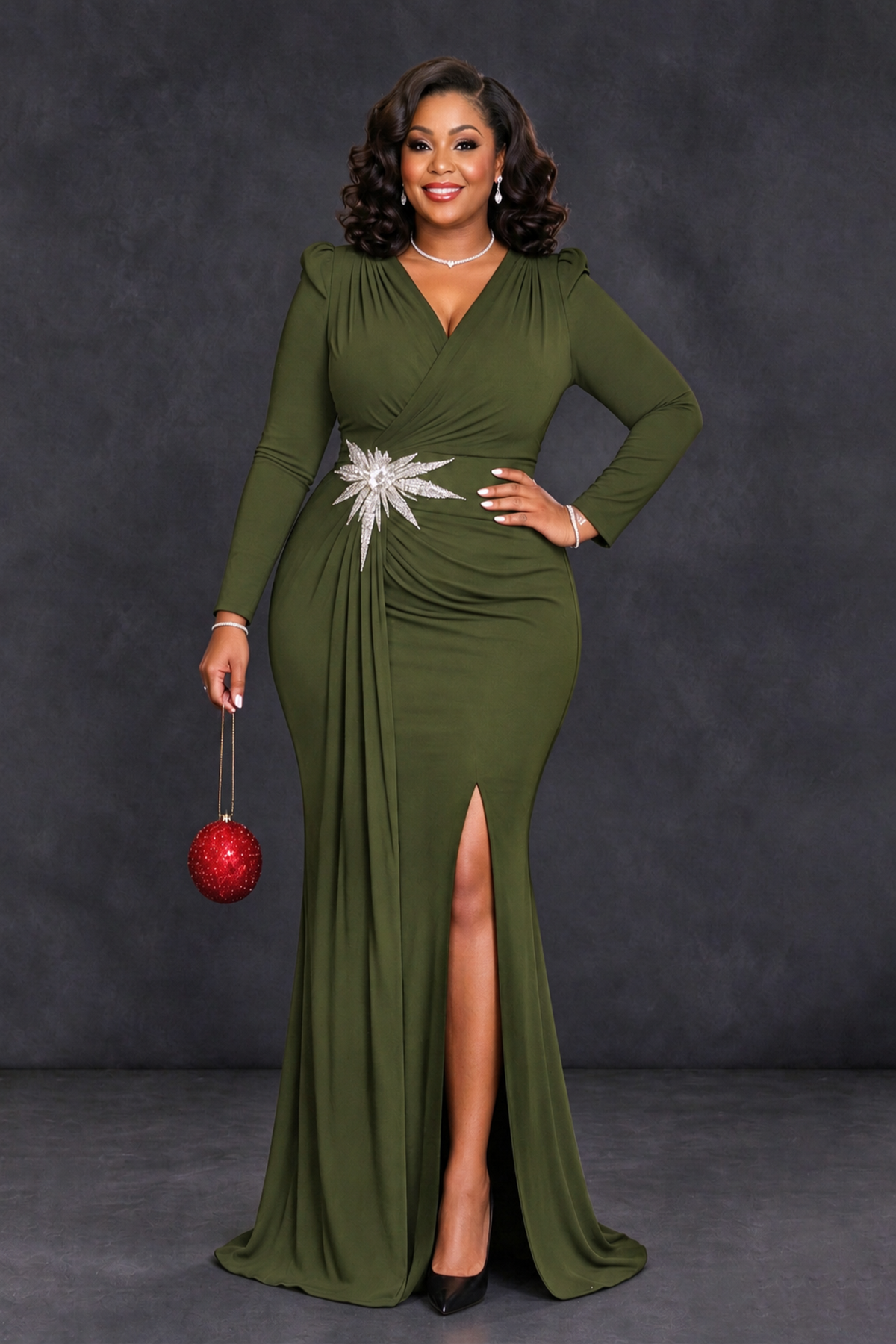 BOLODOO Olive Green Plus Size Long Sleeve V-Neck Mother of the Bride Dress with Slit - Olive Green - Olive Green_1