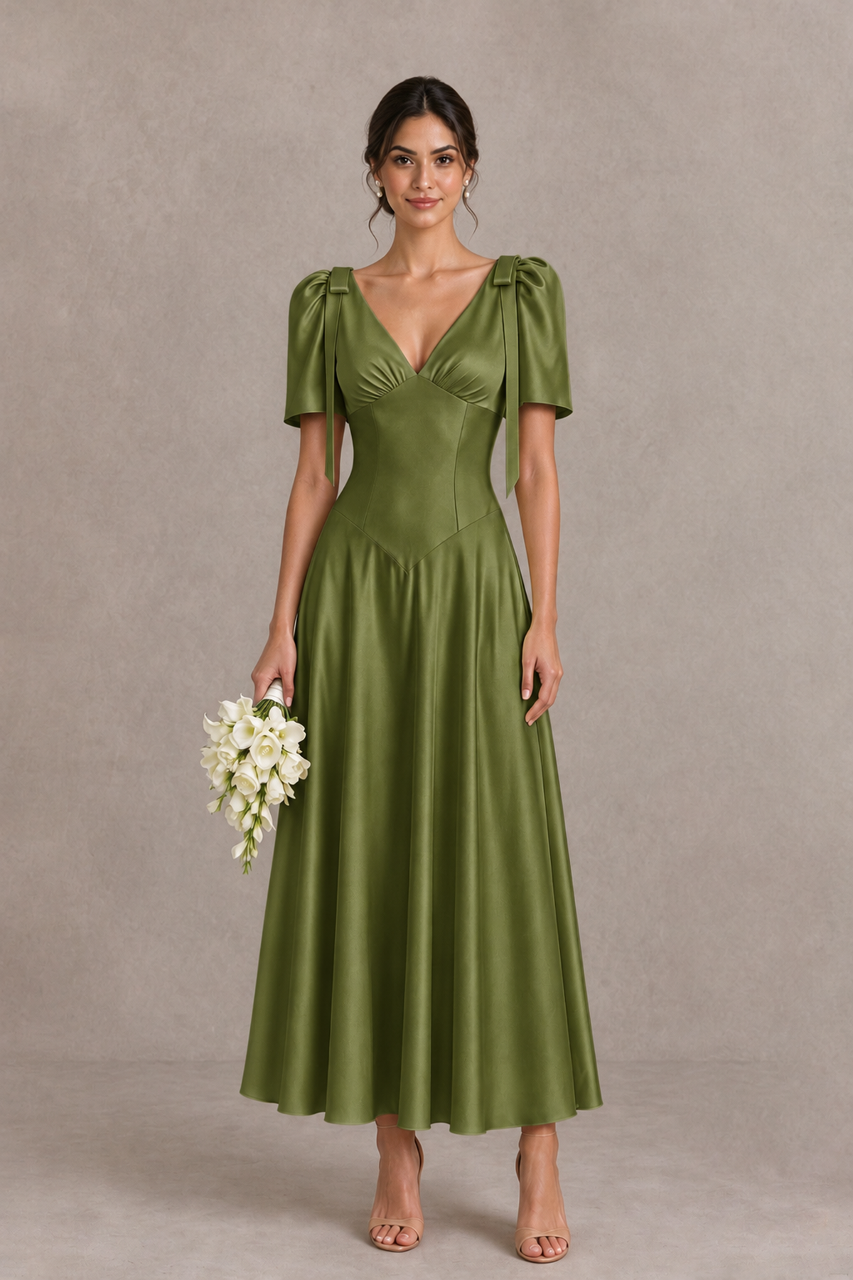 BOLODOO Olive Green V-Neck Short Sleeve Satin-Look Bridesmaid Dress with Shoulder Bows - Olive Green - Olive Green_1