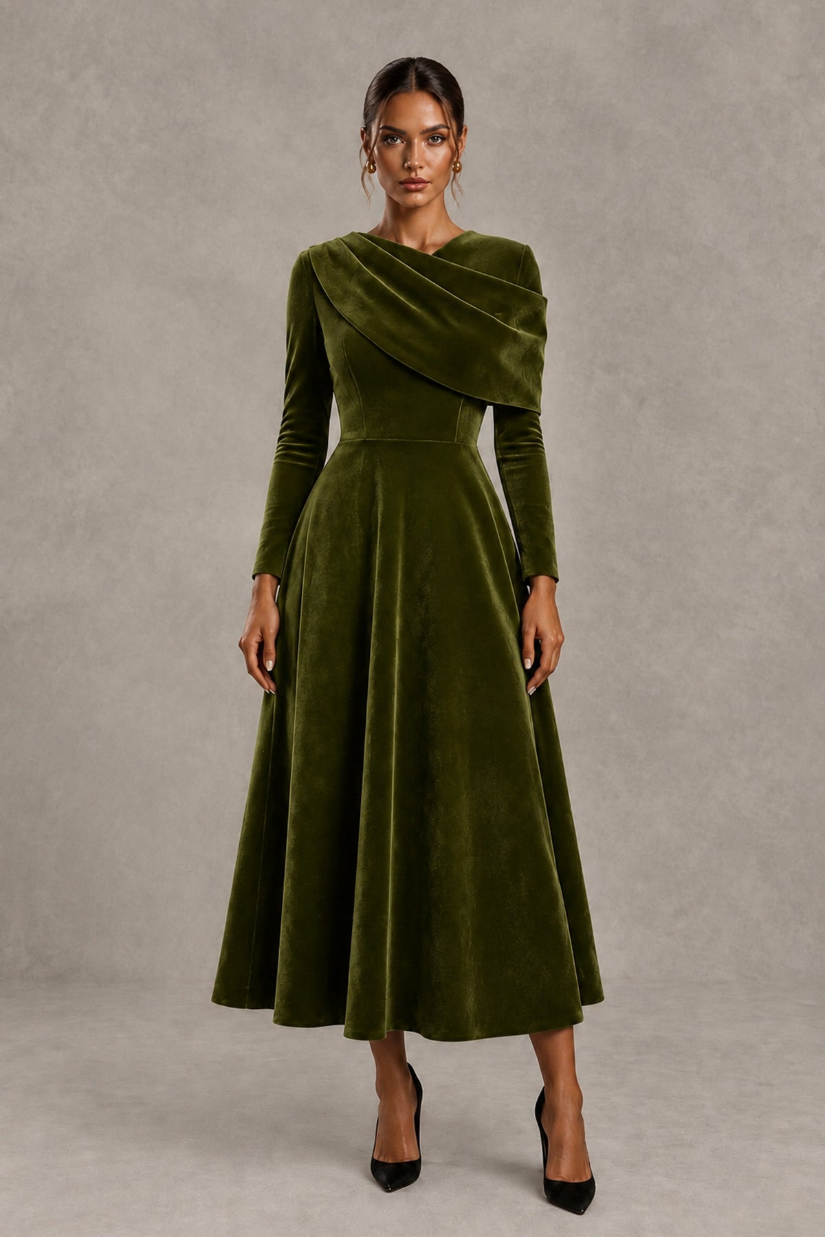 BOLODOO Olive Green Velvet-Look Long Sleeve Tea-Length A-Line Dress with Draped Neckline - Olive Green - Olive Green_1