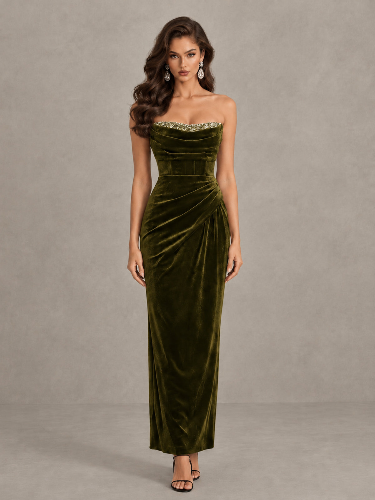 BOLODOO Olive Green Strapless Velvet Cocktail Maxi Dress - Olive Green - Olive Green_1