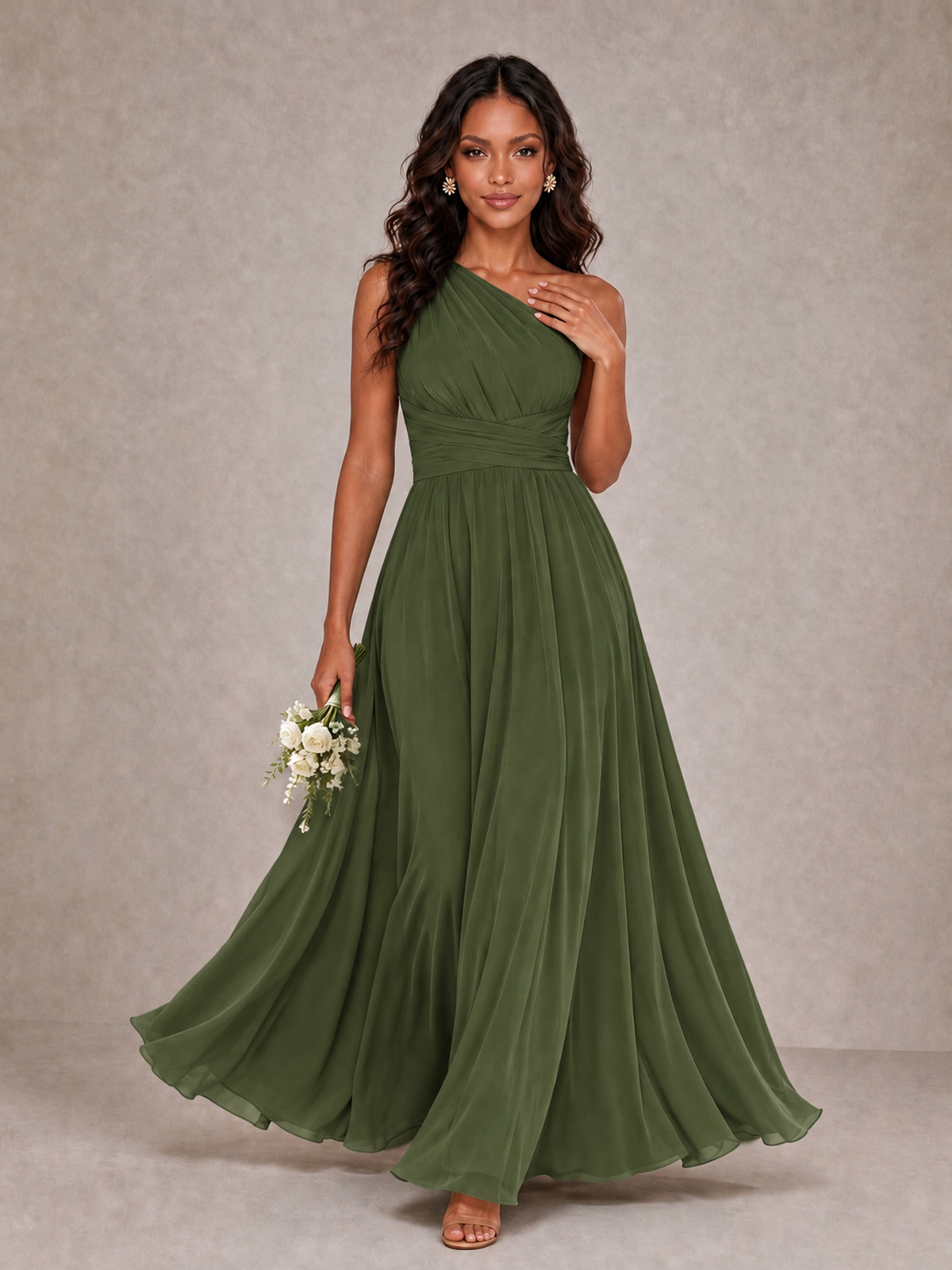 BOLODOO Olive Green One-Shoulder A-Line Bridesmaid Dress - Olive Green - Olive Green_1