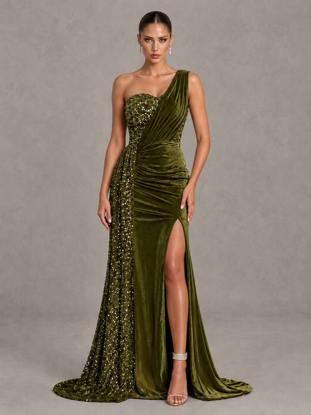 BOLODOO Olive Green One-Shoulder Satin Sequin Gown with High Slit - Olive Green - Olive Green_1