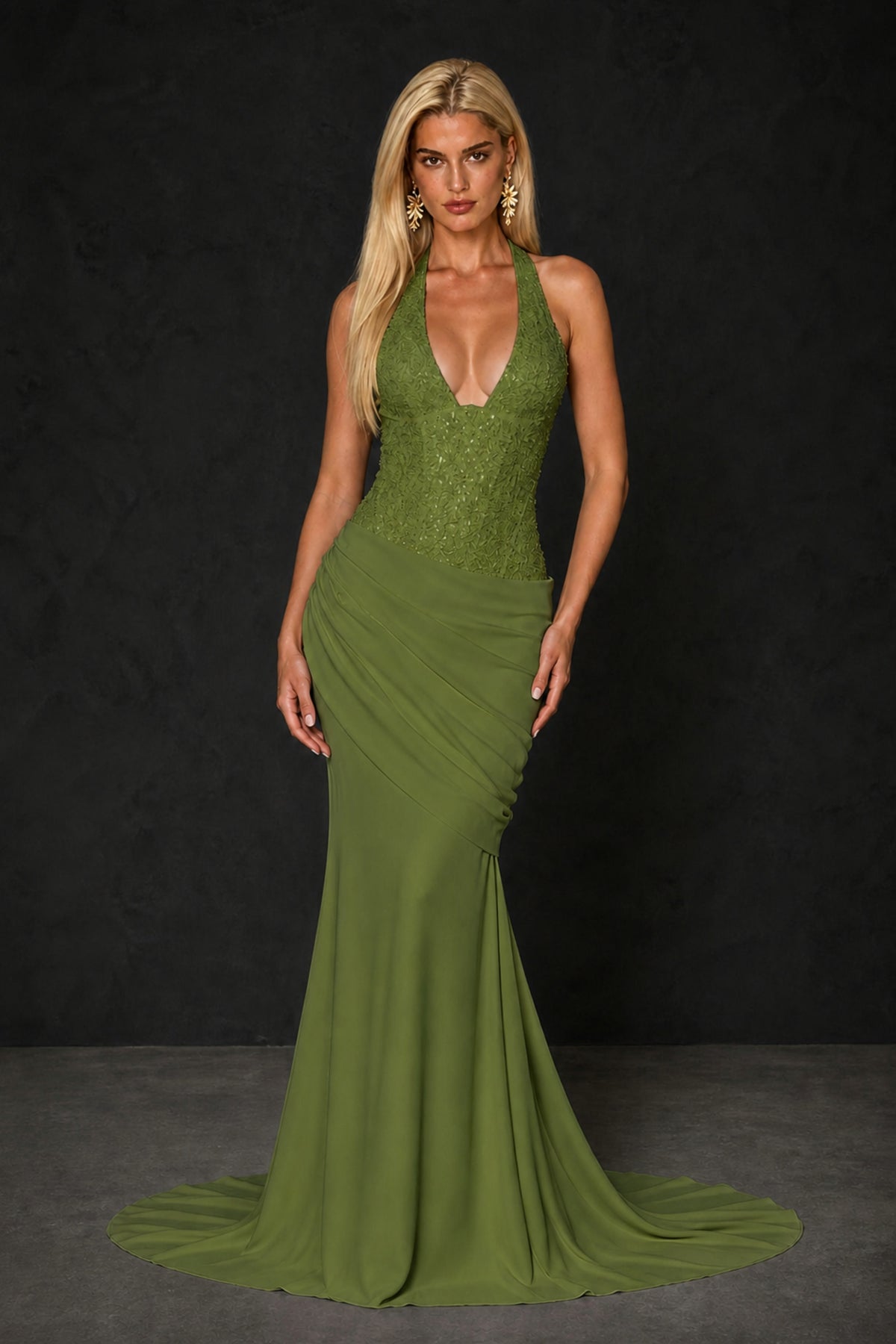 BOLODOO Olive Green Halter Mermaid Gown – Deep V Open Back Sequin Formal Evening Dress with Train - Olive Green
