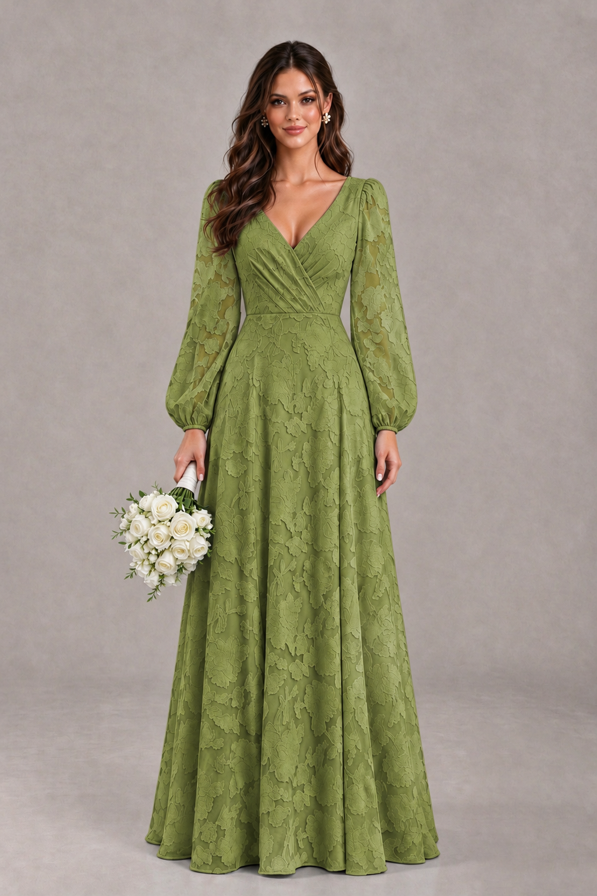 BOLODOO Olive Green Long Sleeve V-Neck A-Line Mother of the Bride Dress - Olive Green - Olive Green_1