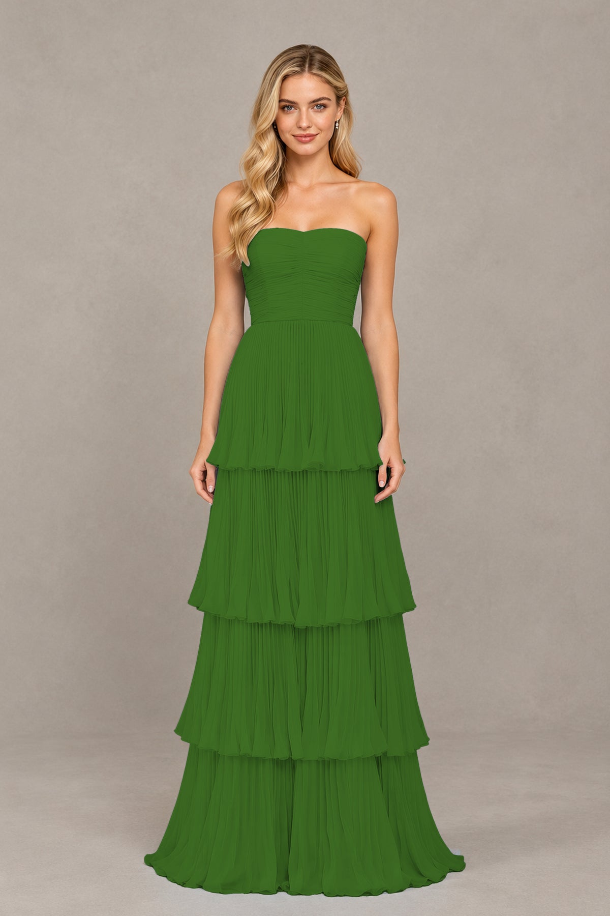 BOLODOO Olive Green Strapless Tiered Chiffon Maxi Dress - Olive Green