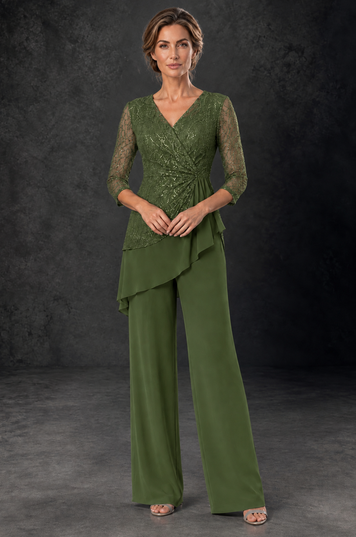 BOLODOO Olive Green Sequin Lace 3/4 Sleeve Chiffon Mother of the Bride Pant Suit - Olive Green - Olive_Green_1