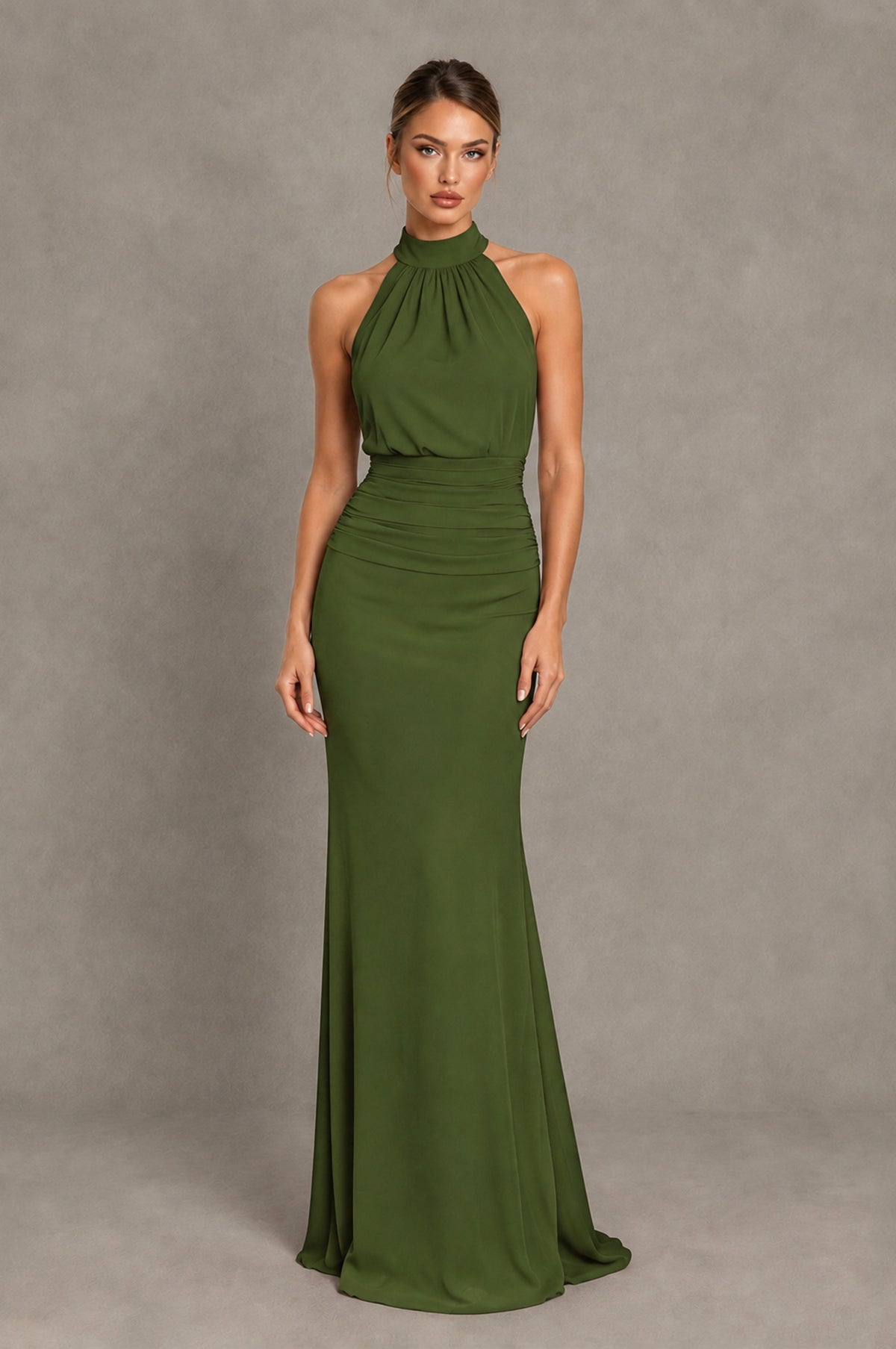 BOLODOO Olive Green Chiffon Halter Maxi Formal Wedding Guest Dress - Olive Green - Olive Green_1