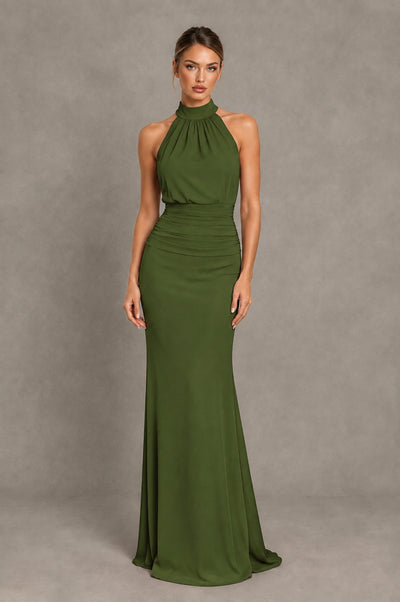 BOLODOO Olive Green Chiffon Halter Maxi Formal Wedding Guest Dress - Olive Green - Olive Green_1