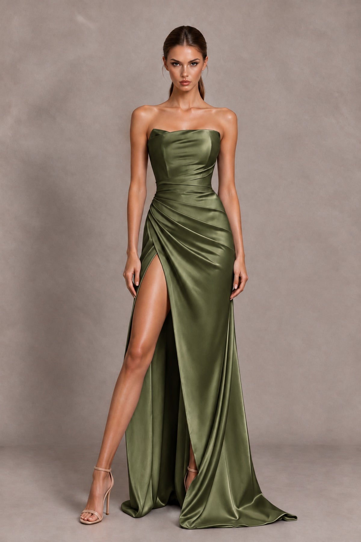 BOLODOO Olive Green Strapless Ruched Satin-Look Evening Dress with High Slit - Olive Green - Olive Green_1