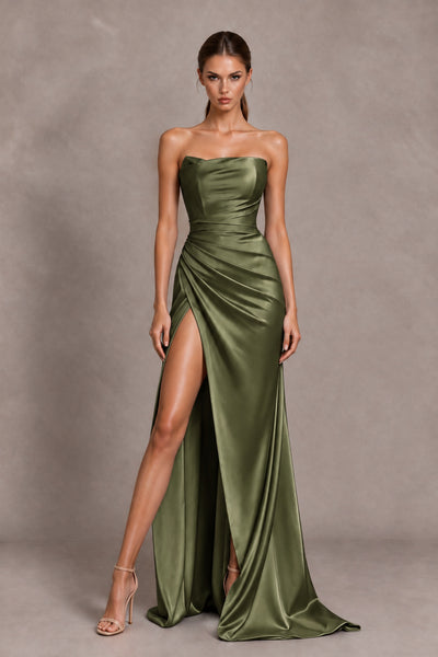 BOLODOO Olive Green Strapless Ruched Satin-Look Evening Dress with High Slit - Olive Green - Olive Green_1