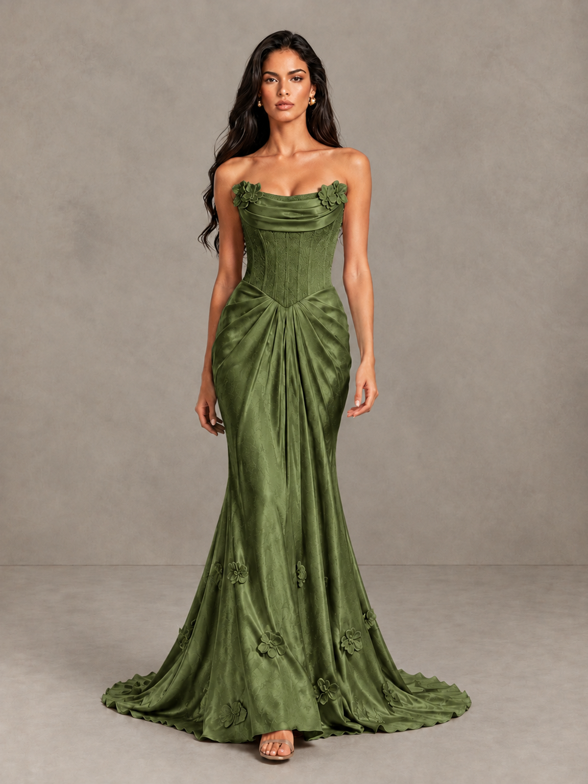 BOLODOO Olive Green Strapless Floral Corset Evening Gown with Train - Olive Green - Olive Green_1
