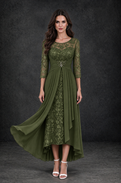 BOLODOO Olive Green Sequin Lace & Chiffon Tea-Length Mother of the Bride Dress with 3/4 Sleeves - Olive Green - Olive_Green_1