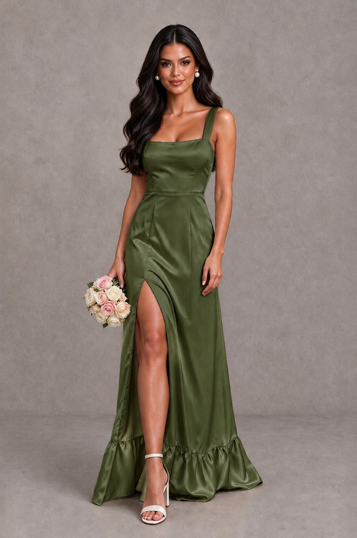 BOLODOO Olive Green Square Neck Satin Evening Dress with Lace-Up Back and High Slit - Olive Green - Olive Green_1