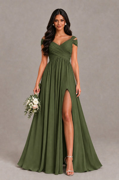 BOLODOO Olive Green Cold Shoulder Chiffon Evening Dress with V Neck and High Slit - Olive Green - Olive Green_1