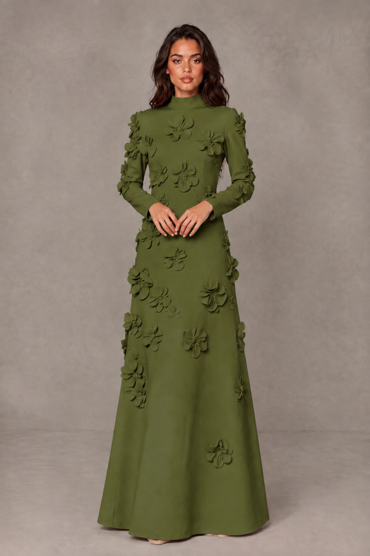 BOLODOO Olive Green High Neck Long Sleeve 3D Floral Evening Gown - Olive Green