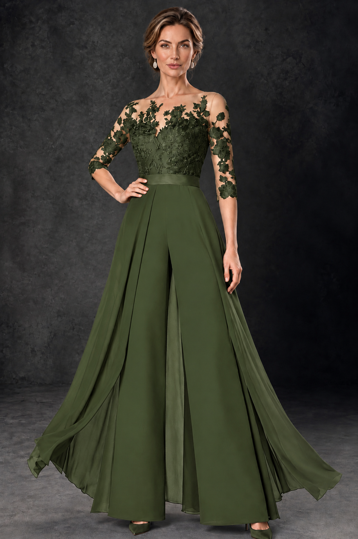 BOLODOO Olive Green Lace Wide-Leg Jumpsuit with Three-Quarter Sleeves - Olive Green - Olive_Green_1