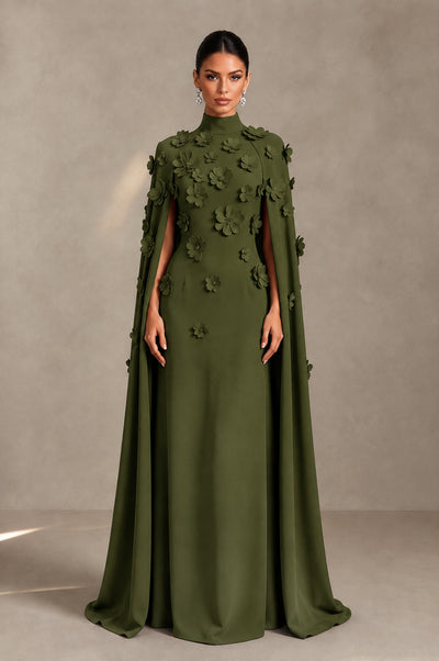BOLODOO Olive Green 3D Floral Applique Cape Formal Dress - Olive Green - Olive Green_1