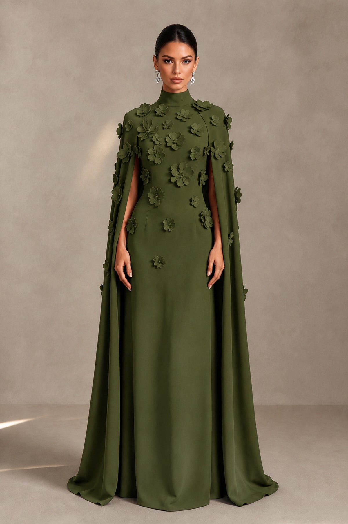 BOLODOO Olive Green 3D Floral Applique Cape Formal Dress - Olive Green - Olive Green_1