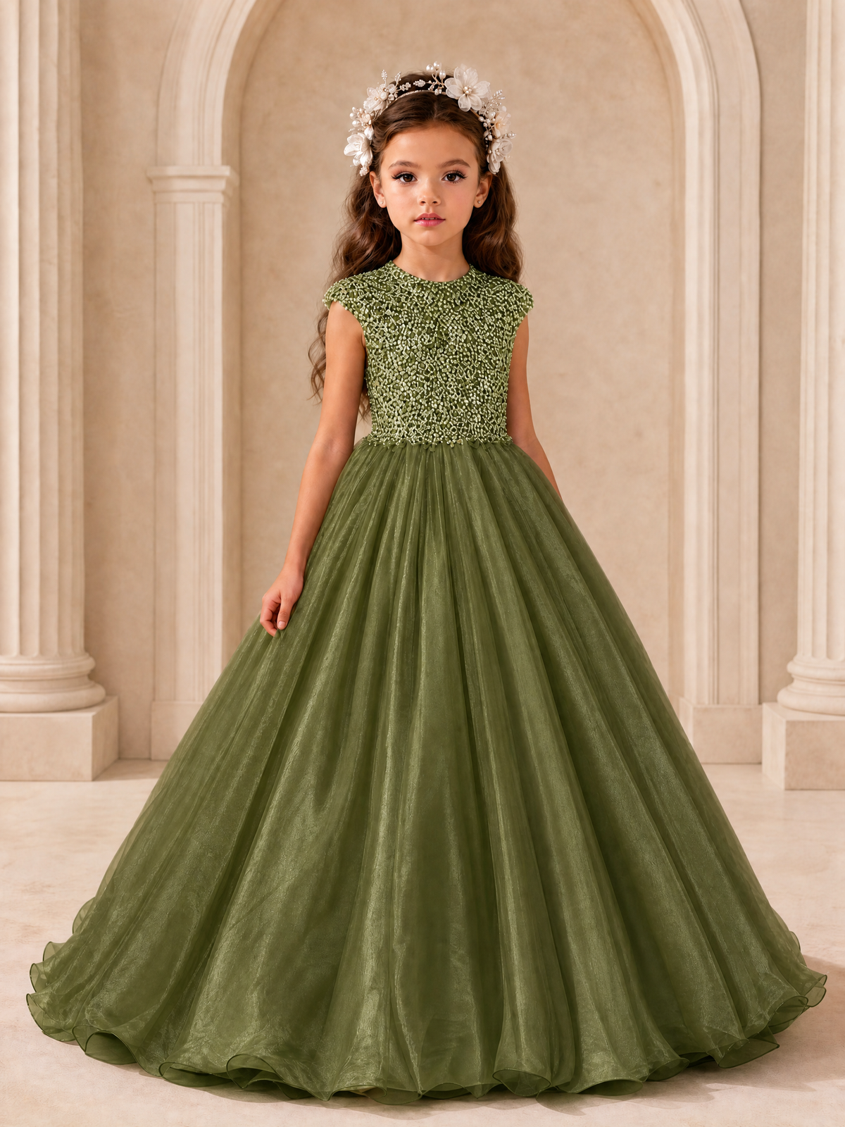 BOLODOO Olive Green Sequin Tulle Flower Girl Dress with Cap Sleeves - Olive Green - Olive Green_1