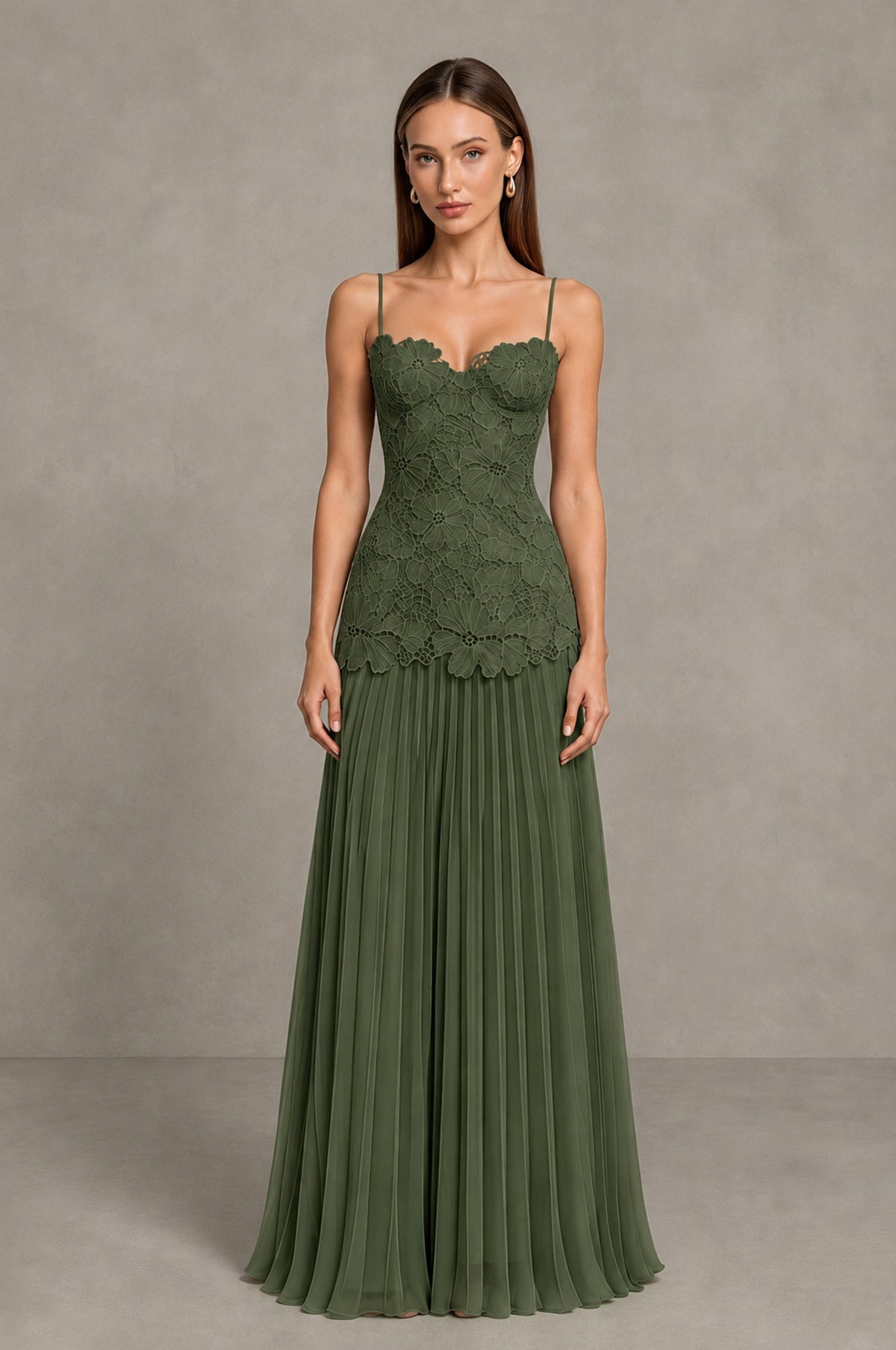BOLODOO Olive Green Lace Bodice Pleated Wedding Guest Dress - Olive Green - Olive Green_1