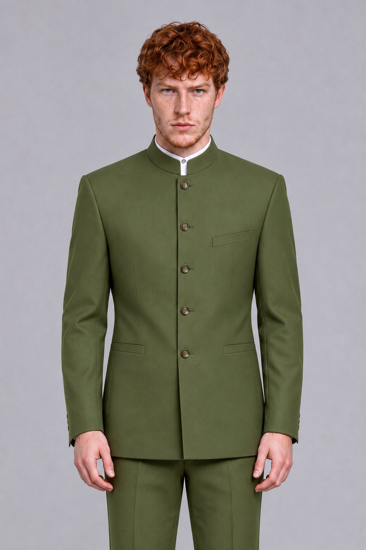 BOLODOO Men's Olive Green Mandarin Collar Two-Piece Suit - Olive Green - Olive Green_1