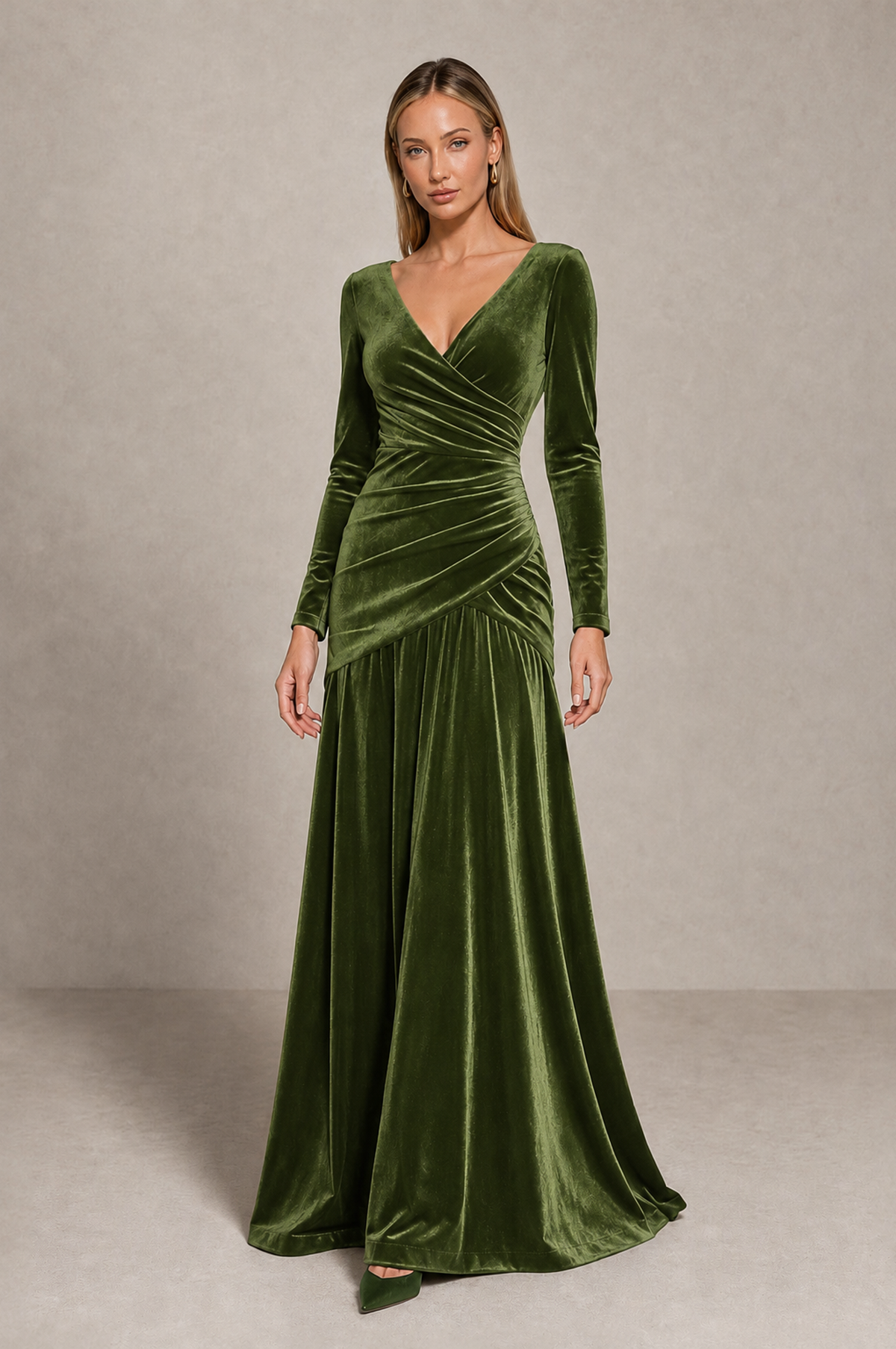 BOLODOO Olive Green Velvet Long Sleeve V-Neck Ruched Evening Dress - Olive Green - Olive_Green_1