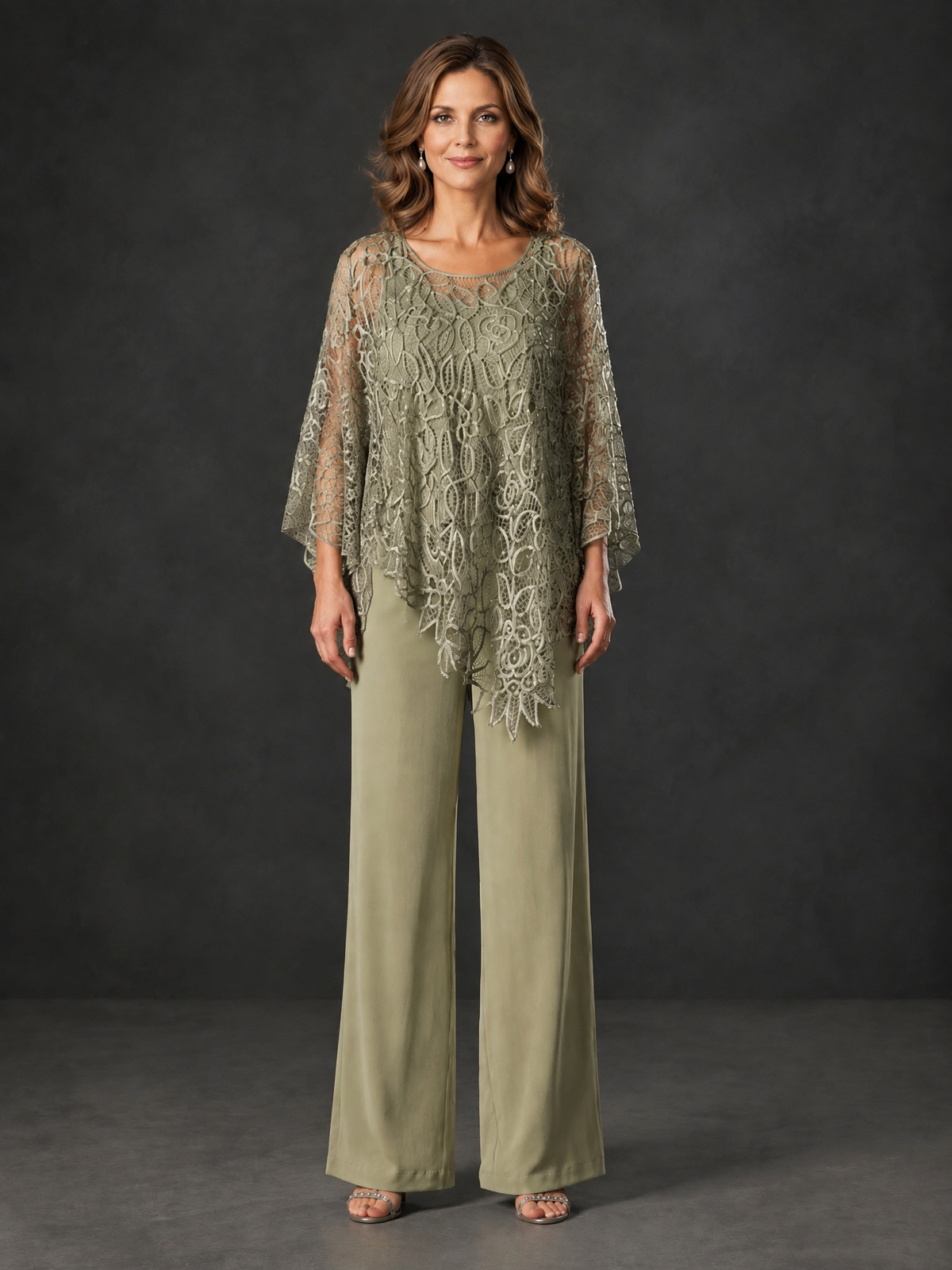 BOLODOO Olive Green Lace Overlay Wide-Leg Pantsuit for Mothers of the Bride - Olive Green