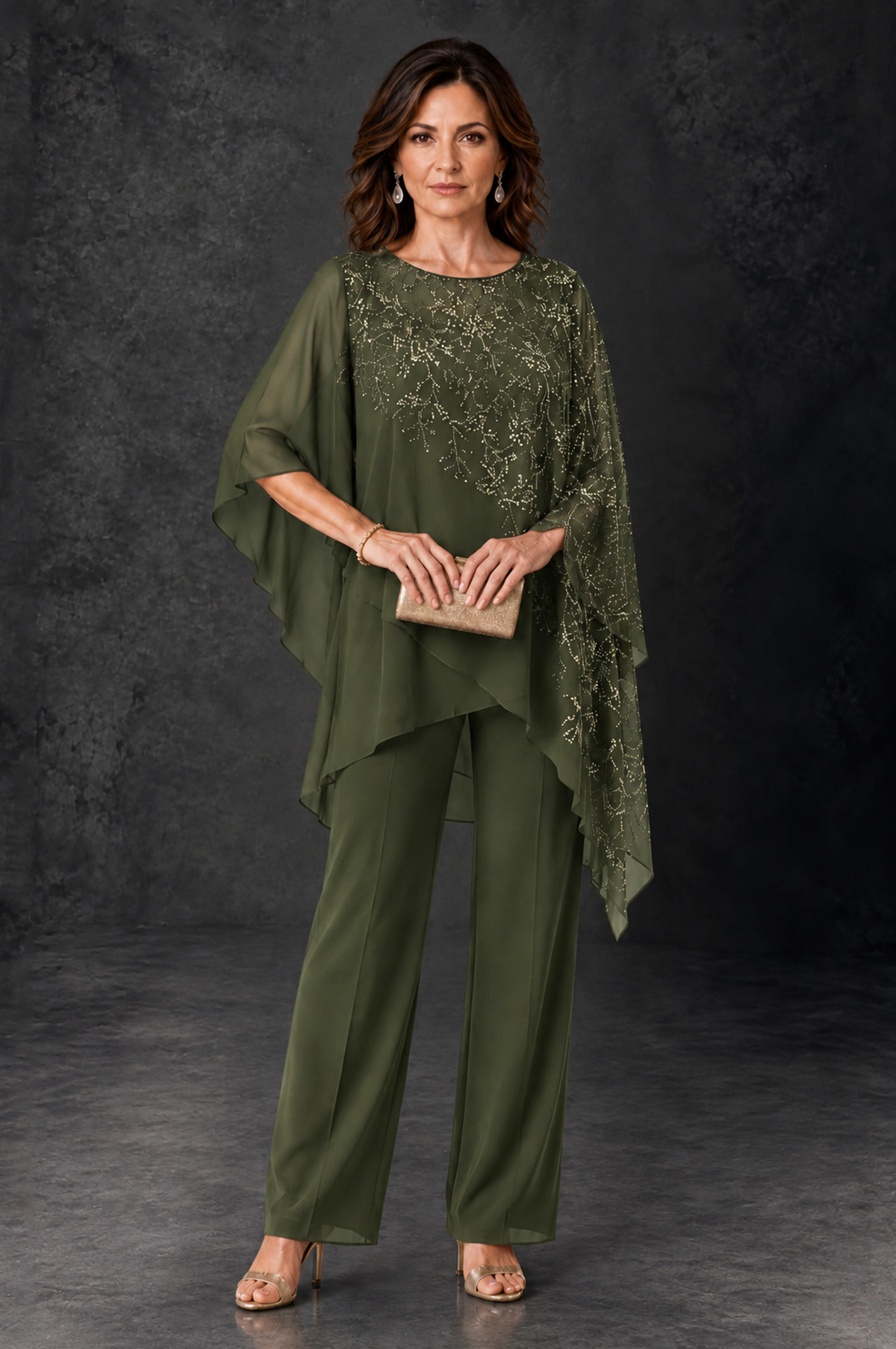 BOLODOO Olive Green Embellished Cape Pant Suit for Mother of the Bride - Olive Green - Olive_Green_1
