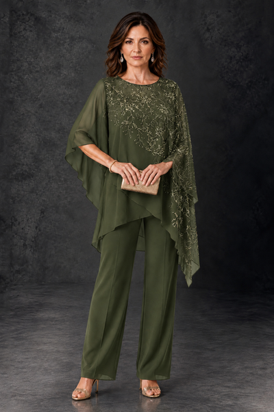 BOLODOO Olive Green Embellished Cape Pant Suit for Mother of the Bride - Olive Green - Olive_Green_1