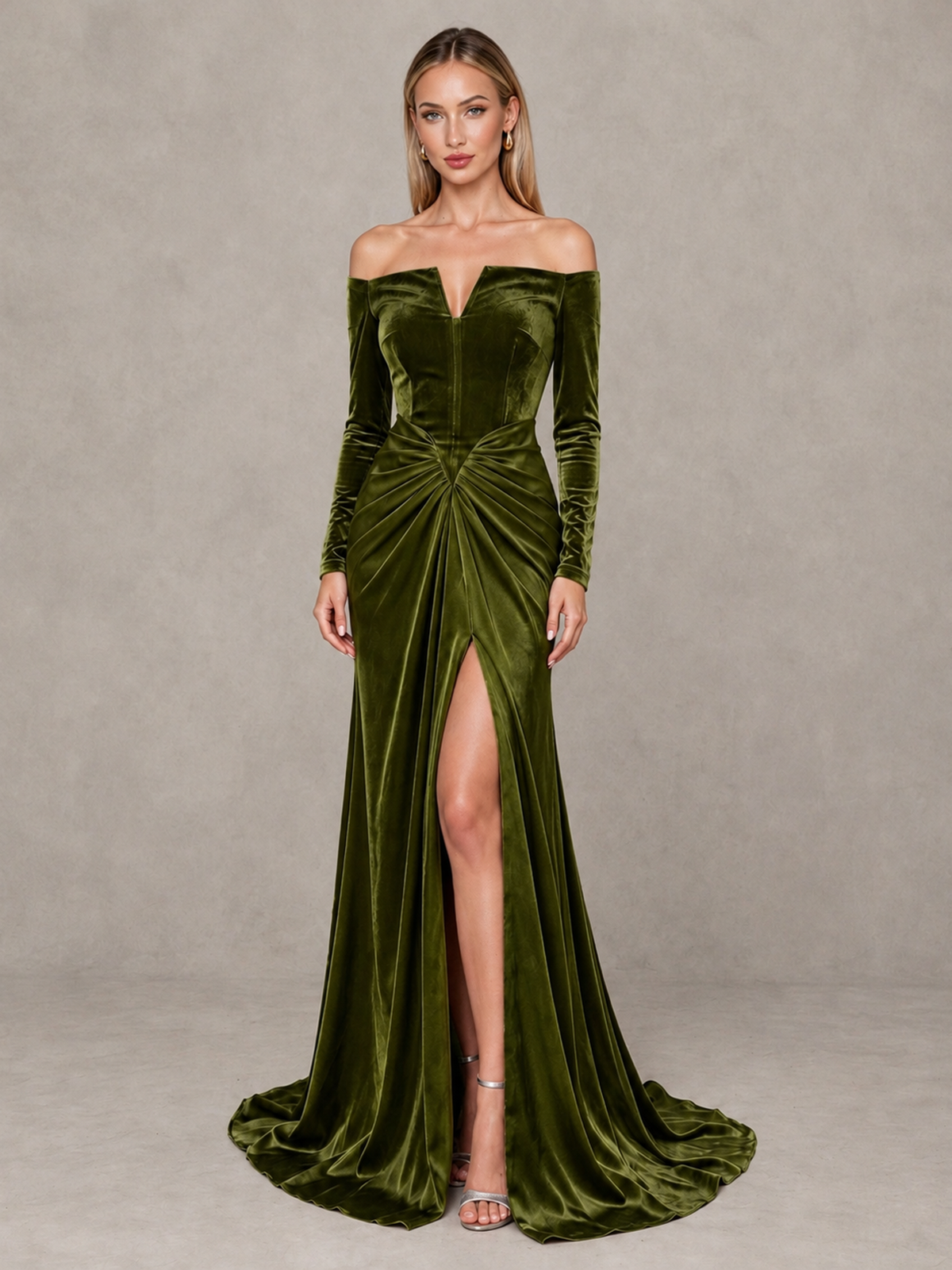 BOLODOO Olive Green Off-Shoulder Velvet Evening Gown with High Slit - Olive Green - Olive Green_1