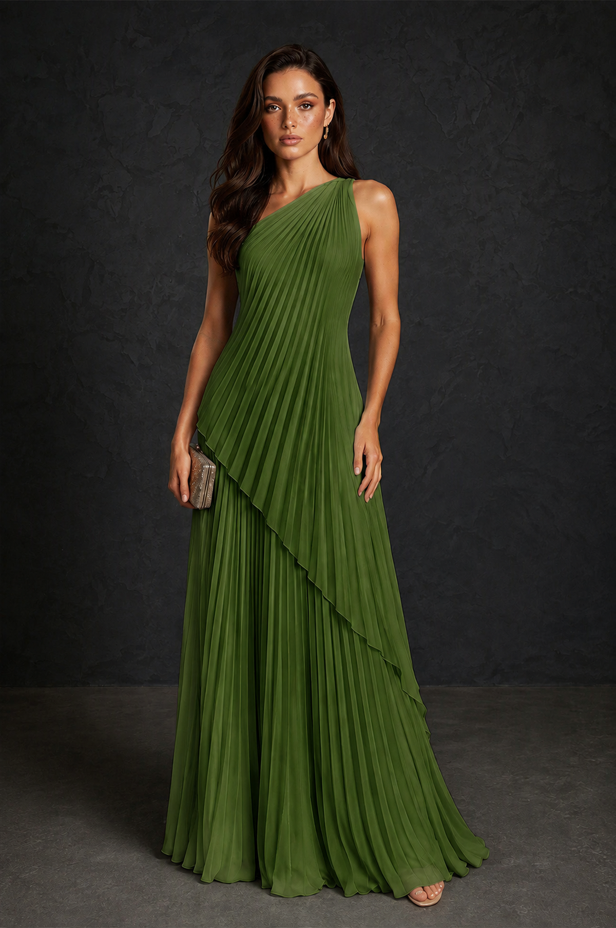 BOLODOO Olive Green One-Shoulder Sunburst Pleated Asymmetric Layered Overlay Accordion Pleated Chiffon Maxi Dress - Olive Green