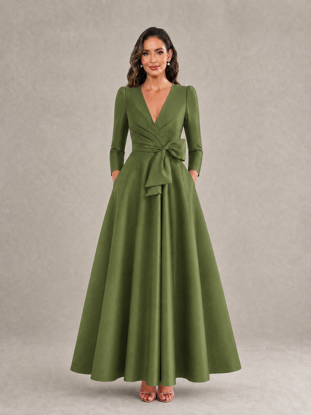 BOLODOO Olive Green Satin Deep V-Neck Wrap 3/4 Puff Sleeve A-Line Ball Gown Maxi Dress with Oversized Bow Belt - Olive Green