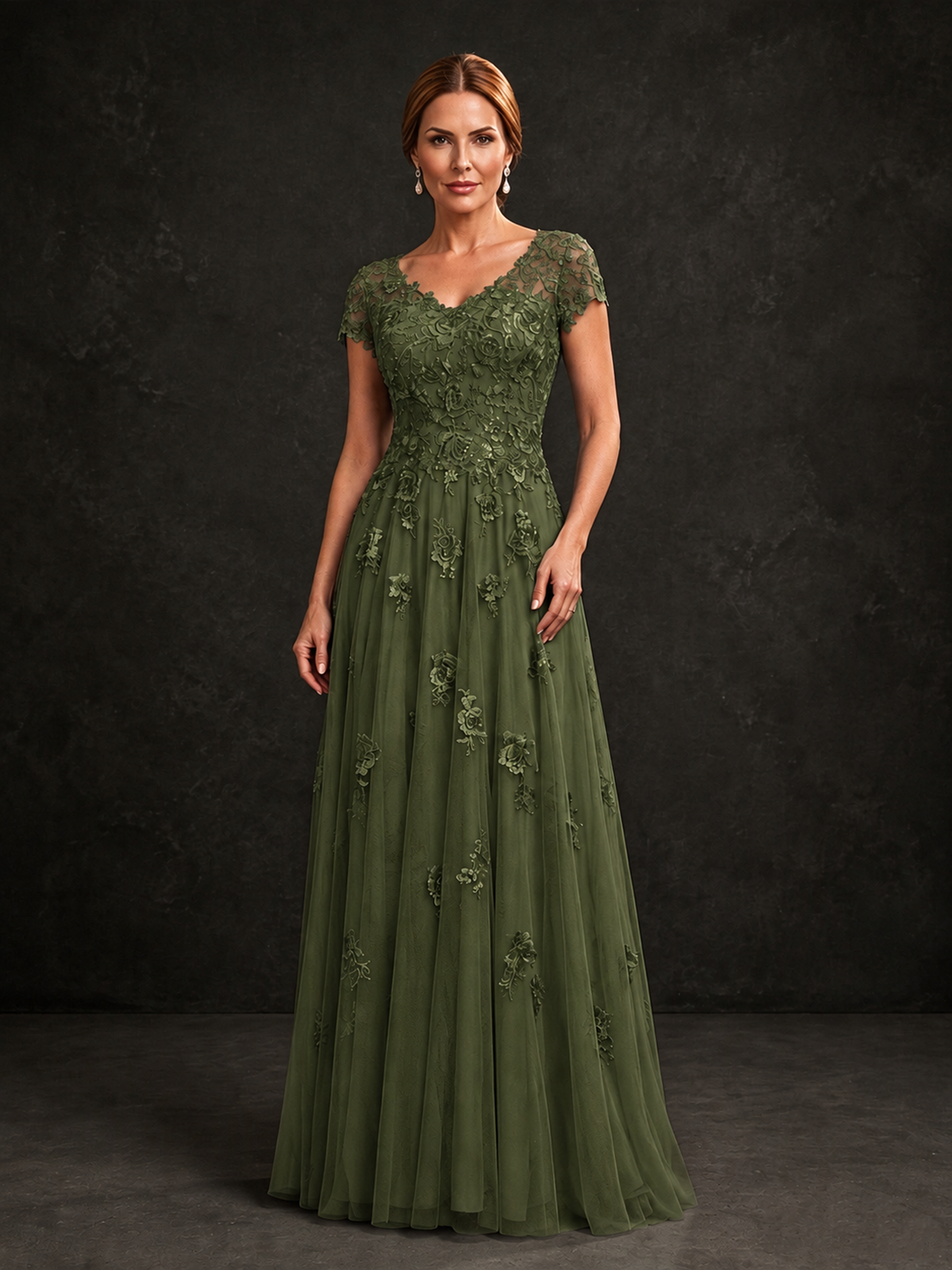 BOLODOO Olive Green Cap Sleeve Lace Appliqué A-Line Formal Gown | Mother of the Bride Dress - Olive Green - Olive Green_1