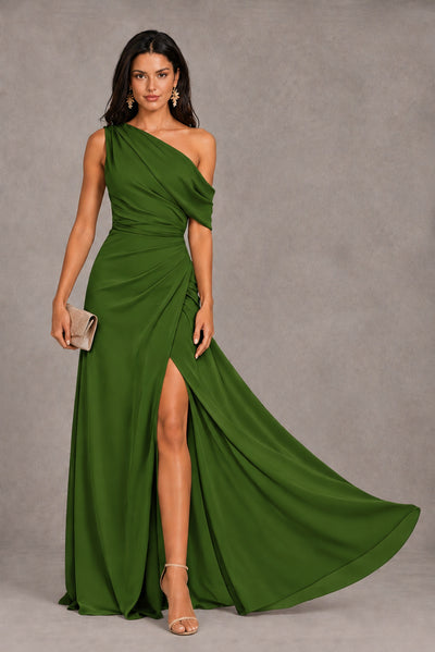 Olive Green One-Shoulder Floor-Length Evening Gown with High Slit - Olive Green