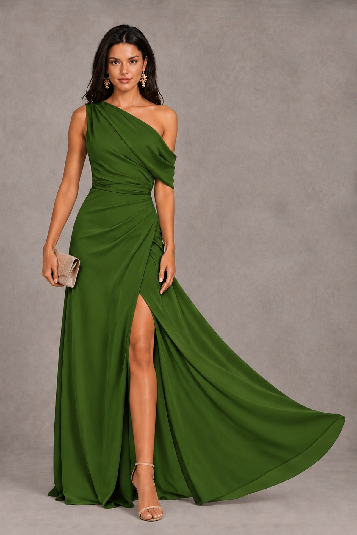Olive Green One-Shoulder Floor-Length Evening Gown with High Slit - Olive Green