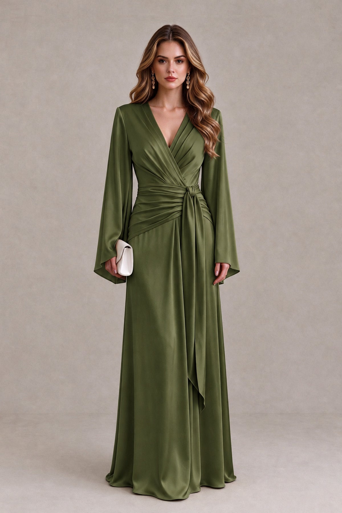 BOLODOO Olive Green Yellow Satin-Look V-Neck Long Bell Sleeve Evening Dress - Olive Green - Olive_Green_1