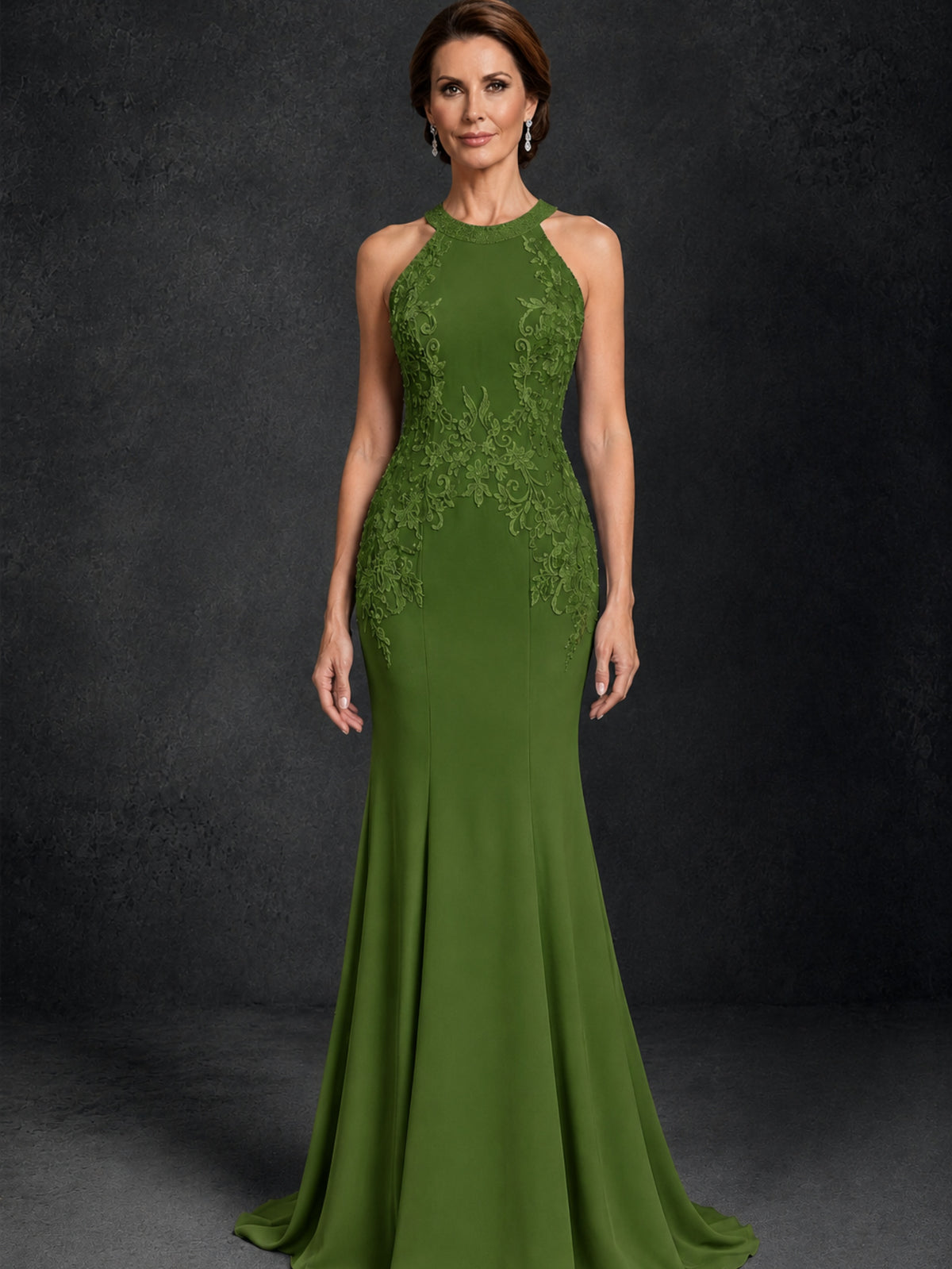 BOLODOO Olive Green Lace Applique Halter Neck Sheer Back Mermaid Maxi Dress with Sweep Train - Olive Green