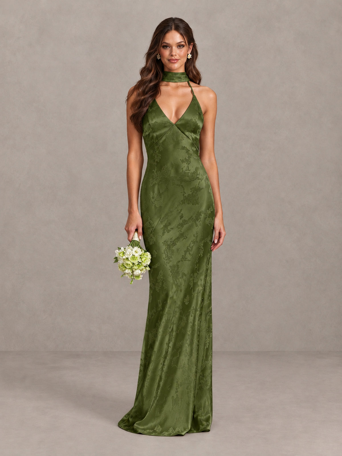 BOLODOO Olive Green Floral Satin Open-Back Bridesmaid Dress - Olive Green - Olive Green_1