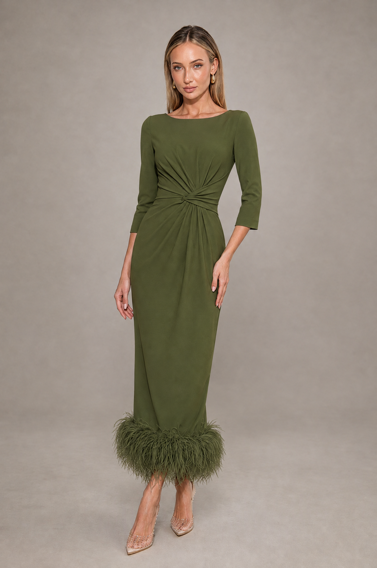 BOLODOO Olive Green Feather-Trim Twist-Waist Midi Dress - Olive Green - Olive_Green_1
