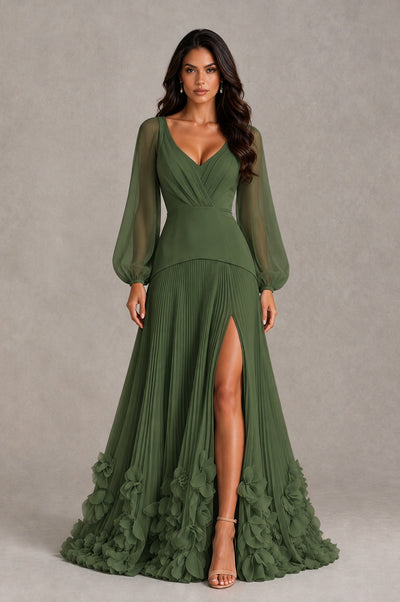 BOLODOO Olive Green V-Neck Long Sleeve Pleated Floral Hem Evening Dress - Olive Green - Olive Green_1