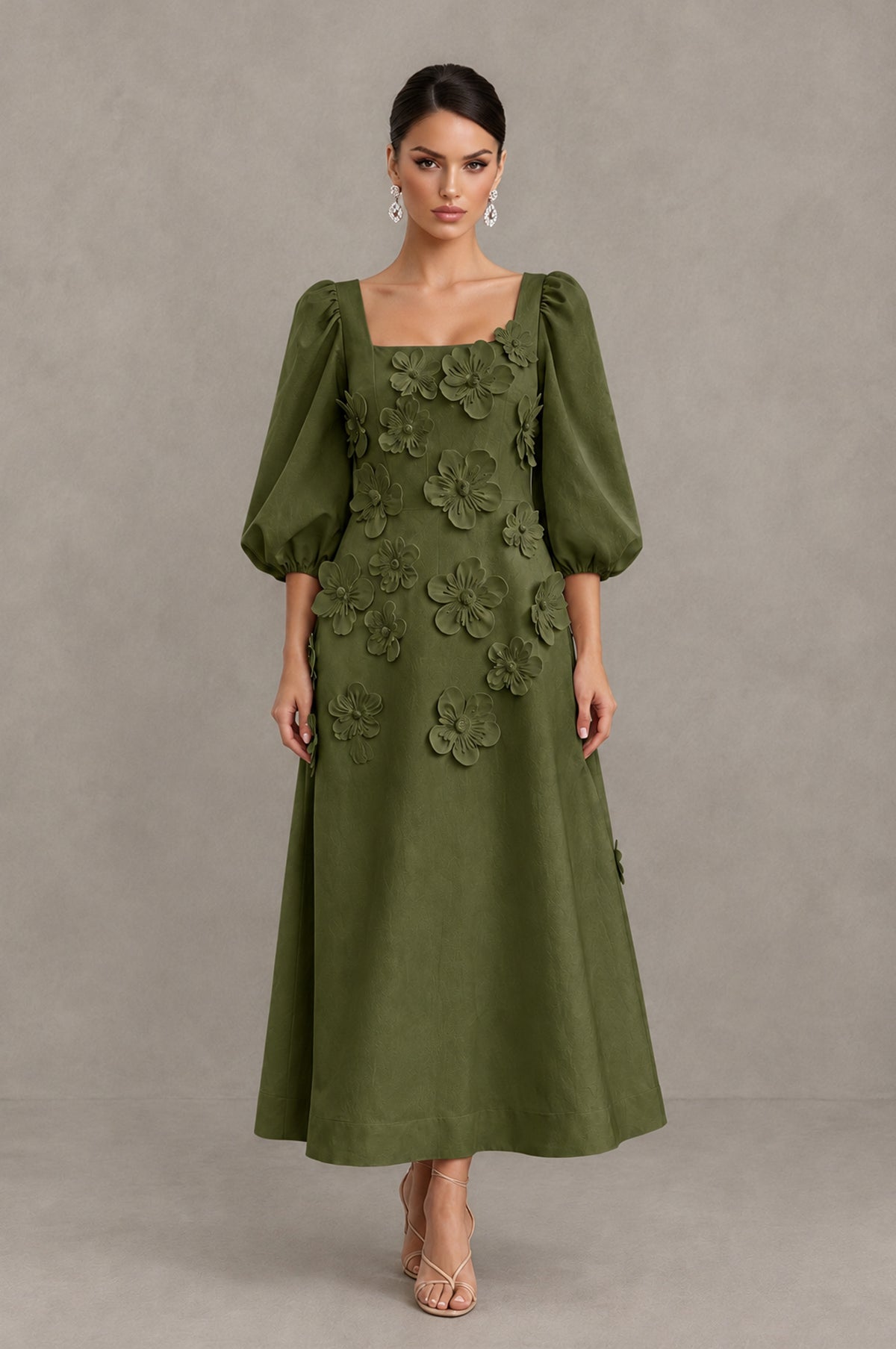 BOLODOO Olive Green 3D Floral Puff Sleeve Midi Cocktail Dress - Olive Green - Olive Green_1