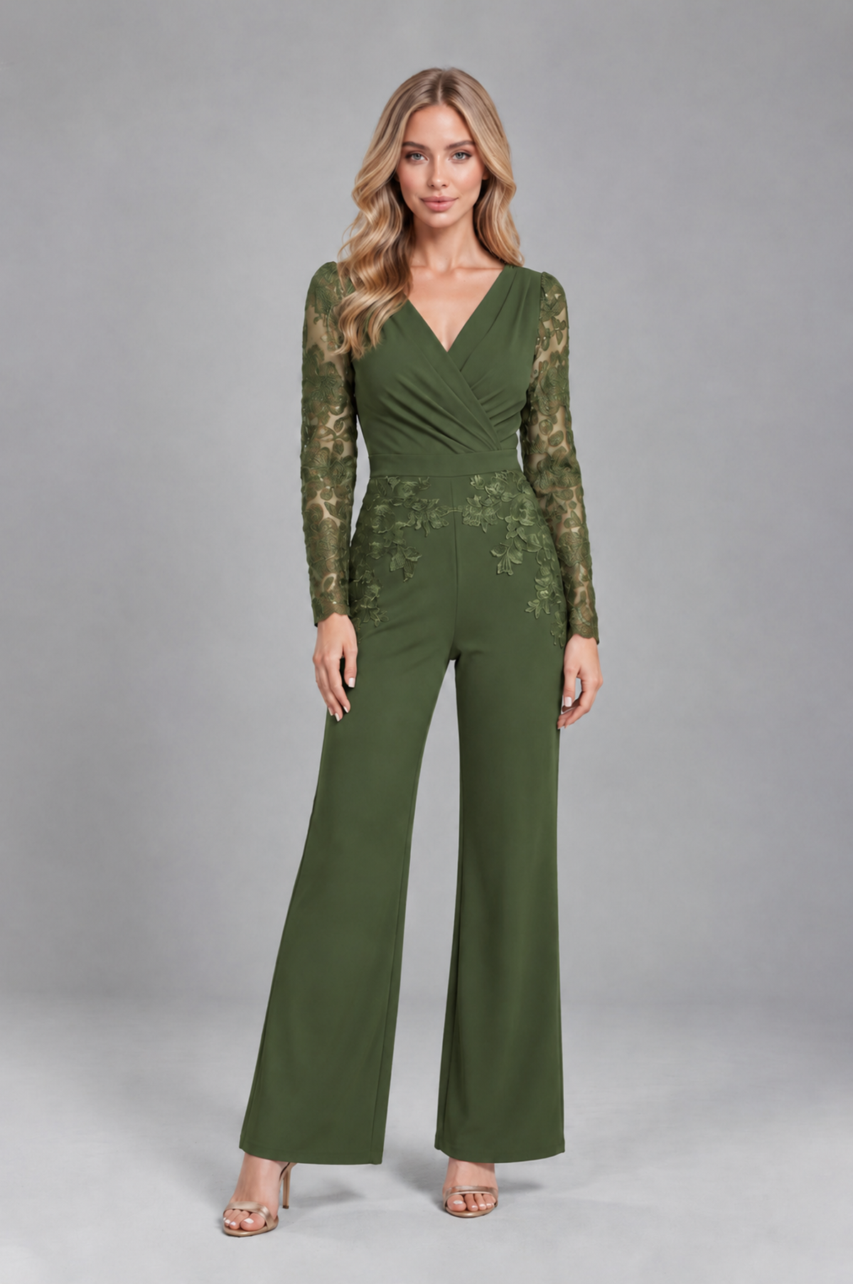 BOLODOO Olive Green Lace Long-Sleeve V-Neck Mother Pant Suit - Olive Green - Olive Green_1