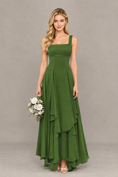 BOLODOO Olive Green Square Neck Chiffon Bridesmaid Dress with Lace-Up Back - Olive Green