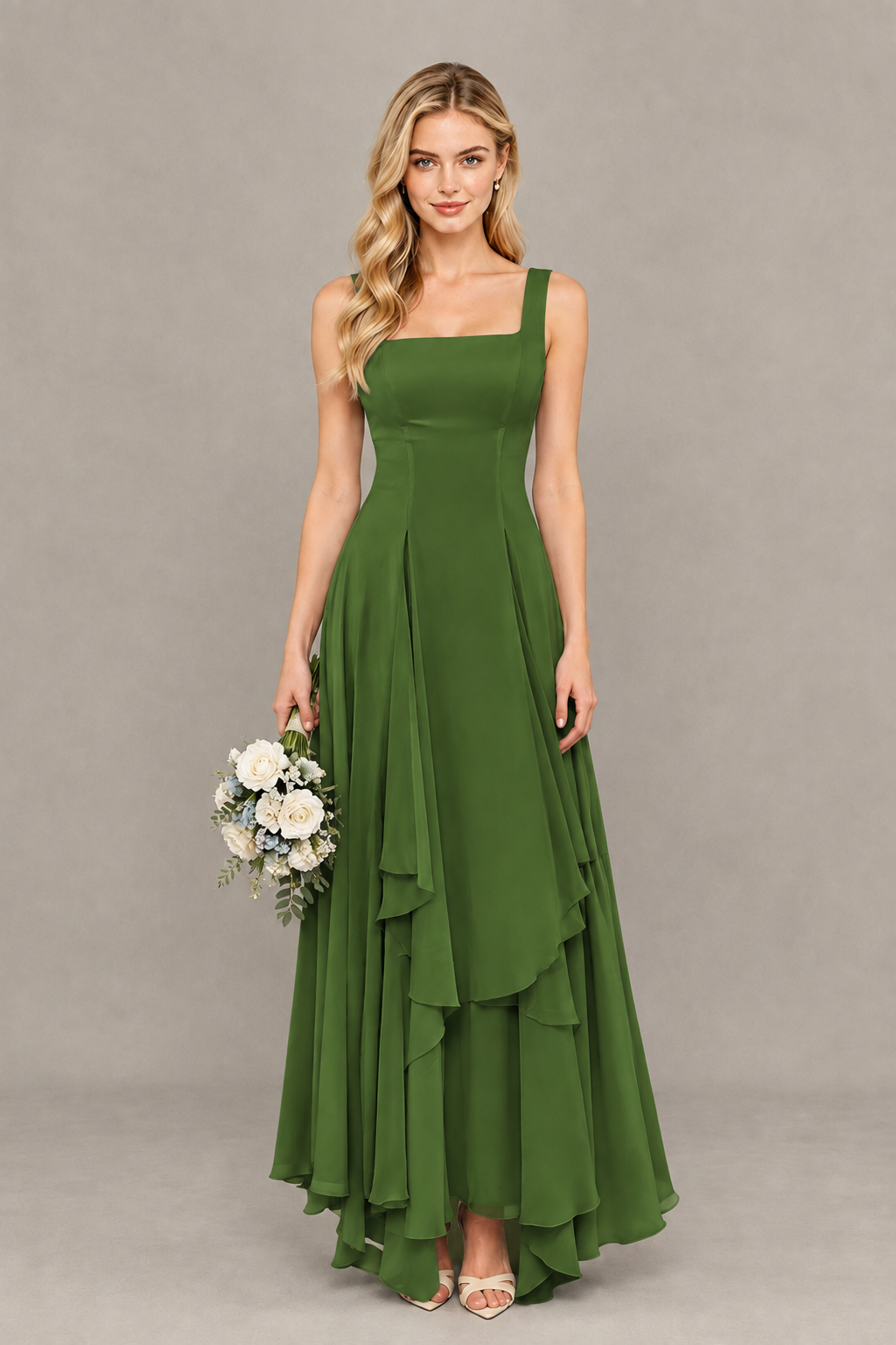 BOLODOO Olive Green Square Neck Chiffon Bridesmaid Dress with Lace-Up Back - Olive Green