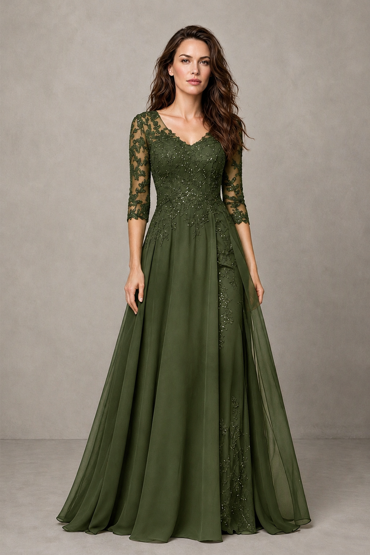 BOLODOO Midnight Olive Green Beaded Lace Appliqué Chiffon A-Line Gown | Mother of the Bride & Formal Evening Dress - Olive Green - Olive Green_1