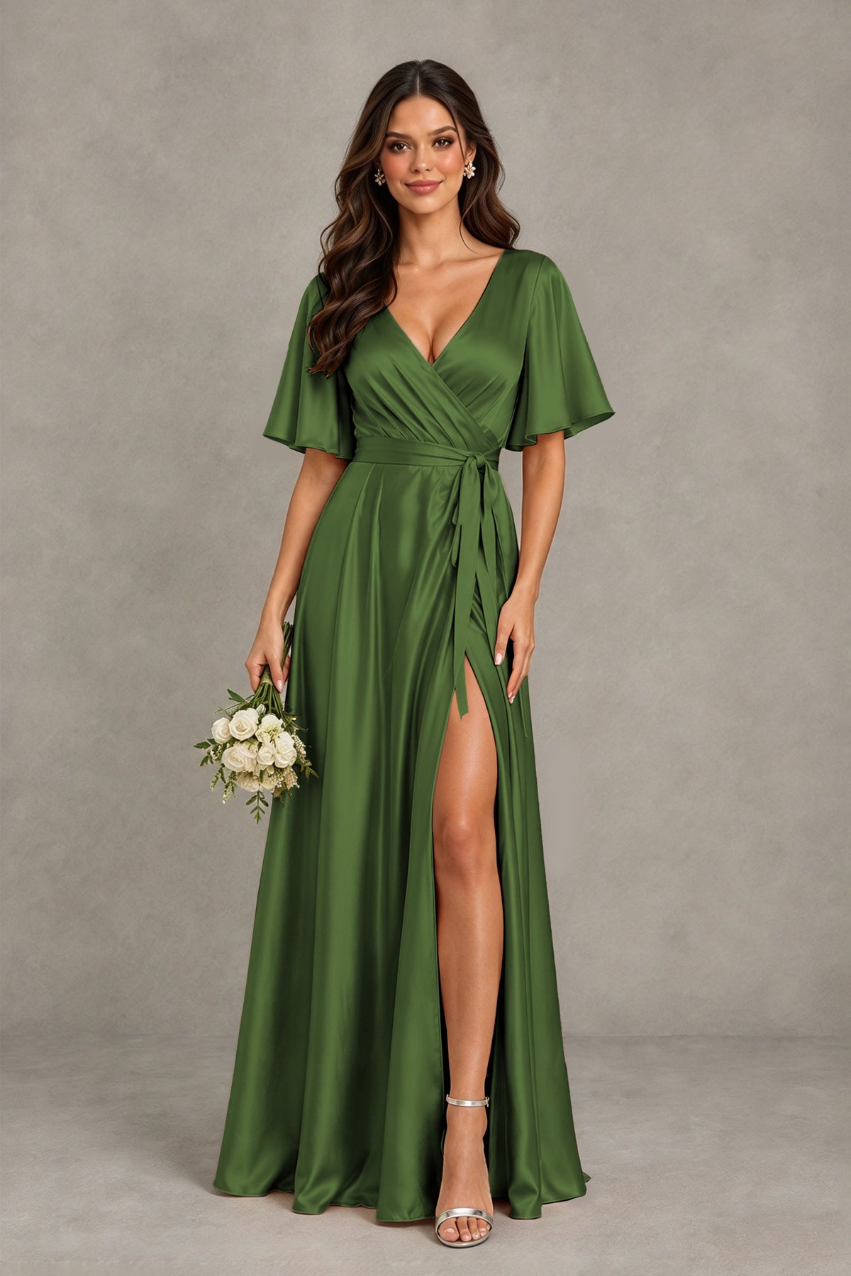 BOLODOO Olive Green Satin V-Neck Flutter Sleeve Bridesmaid Dress with Slit - Olive Green - Olive Green(1)