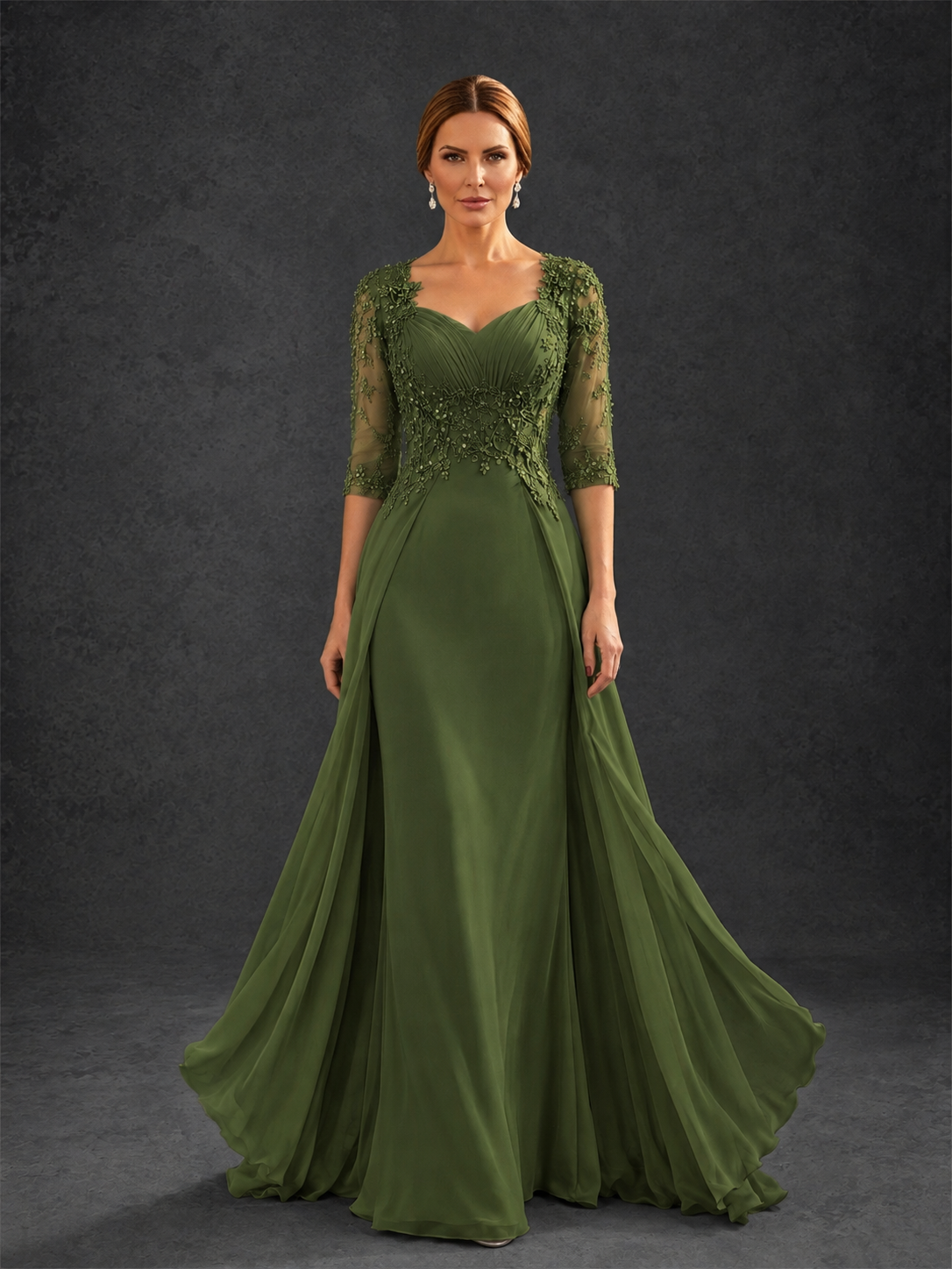 BOLODOO Olive Green Sweetheart Neck 3/4 Sleeve Floral Lace Illusion Bodice Chiffon A-Line Gown - Olive Green