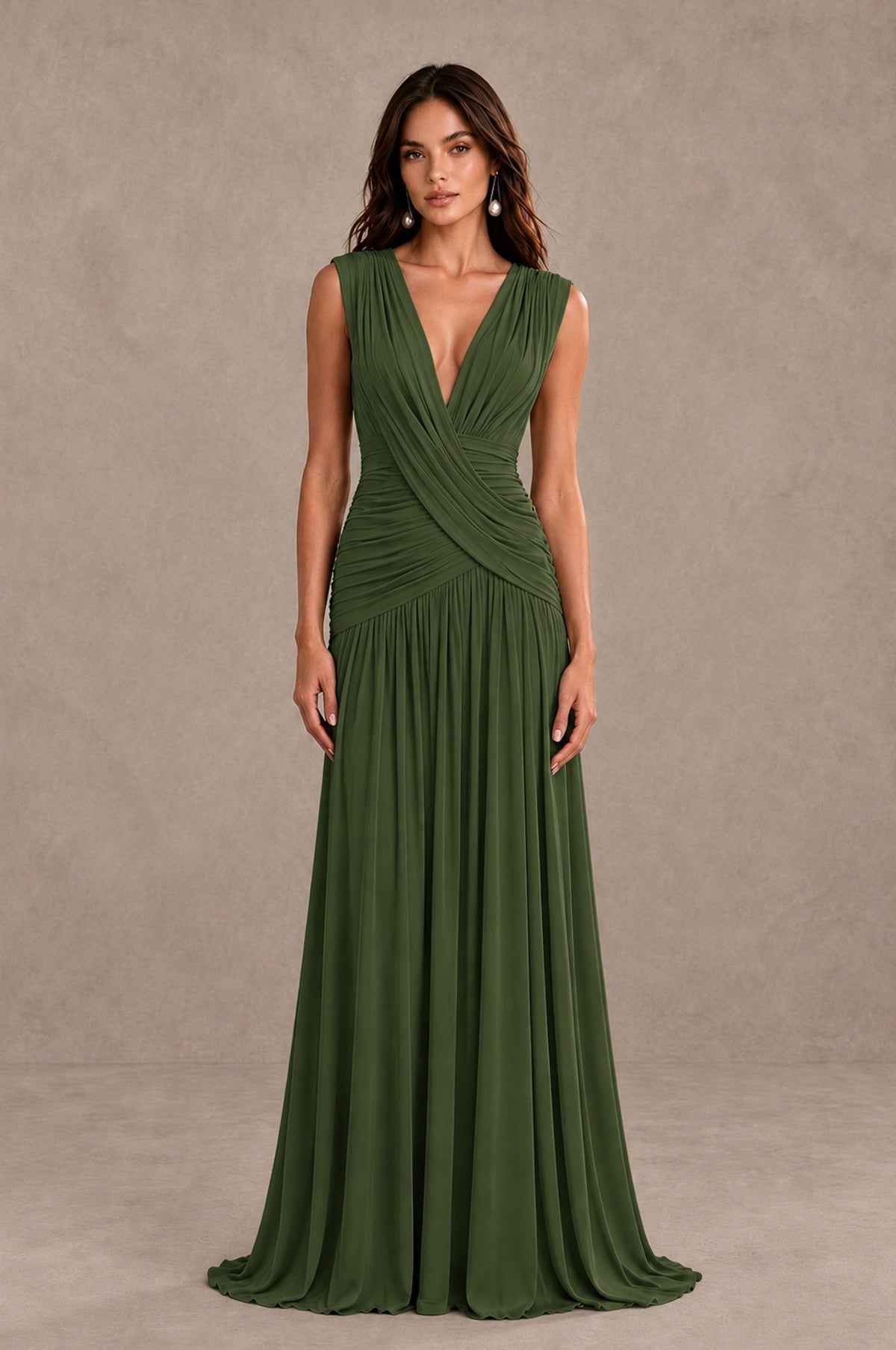 BOLODOO Olive Green V-Neck Ruched Wedding Guest Dress - Olive Green - Olive Green_1