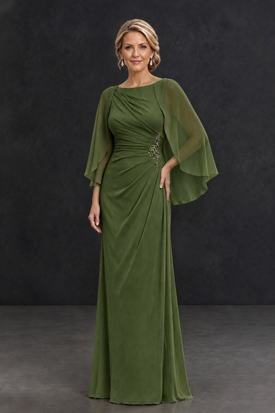 BOLODOO Olive Green Cape Sleeve Mother of the Bride Dress with Ruched Waist - Olive Green - Olive Green_1
