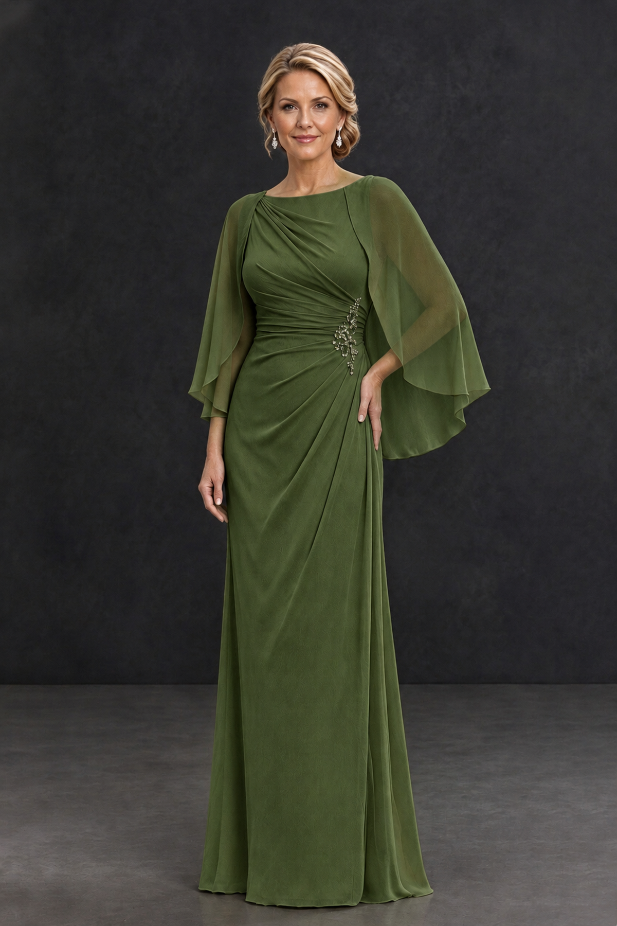 BOLODOO Olive Green Cape Sleeve Mother of the Bride Dress with Ruched Waist - Olive Green - Olive Green_1